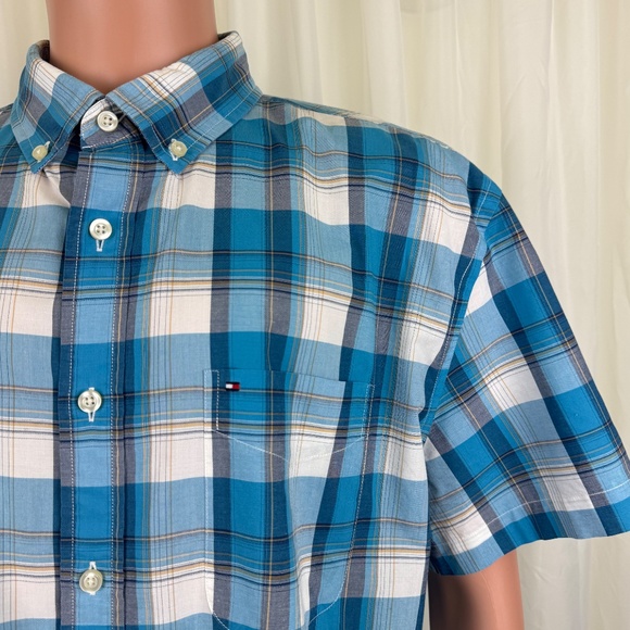Men's Tommy Hilfiger Classic Fit Short Sleeve Plaid Shirt Blue Size XL - Picture 3 of 10